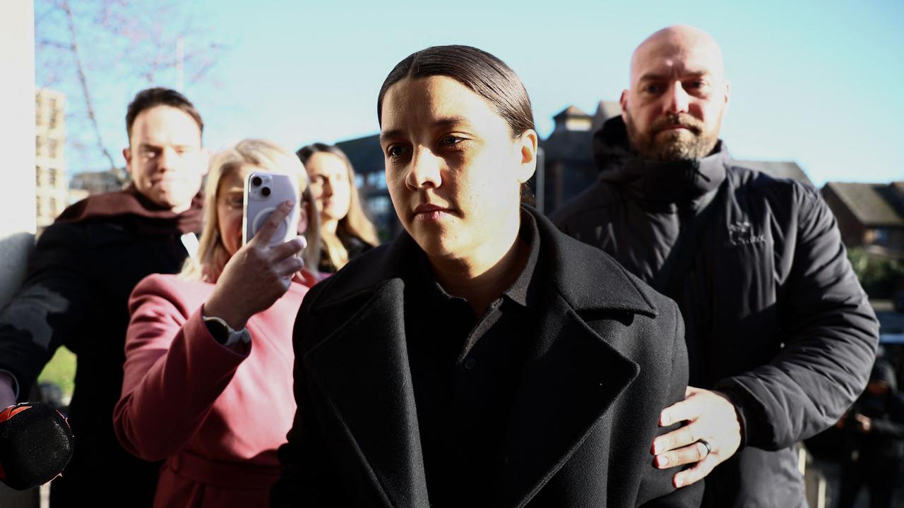 Chelsea's Australian striker Sam Kerr arrives at Kingston Crown Court in south London on February 6, 2025. Kerr told the court this week she was treated differently by police "because of the colour of my skin" after "fearing for my life" following an incident with a taxi driver. The Australia captain, who is of mixed race, is on trial charged with causing racially aggravated harassment to police officer Stephen Lovell during an incident in south-west London in the early hours of January 30, 2023. (Photo by HENRY NICHOLLS / AFP)