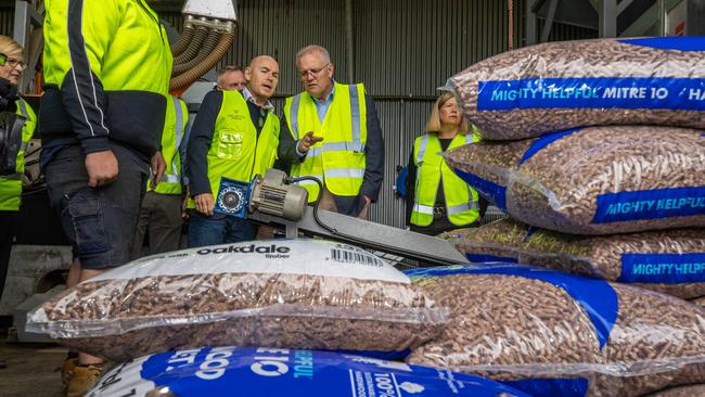 Prime Minister Scott Morrison visits Neville Smith Forest Products in Tasmania. Picture: Jason Edwards