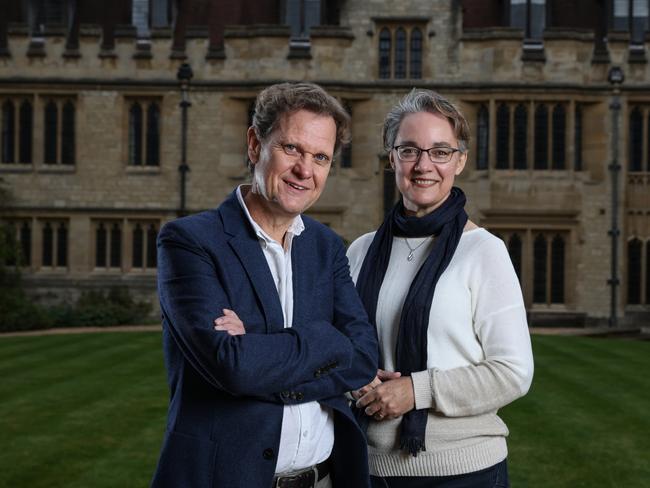 Professor Matthew Snape and Professor Merryn Voysey – Australia’s rock star researchers who worked on the AstraZeneca vaccine – at St Cross College in Oxford, where they both studied. Picture: Hollie Adams