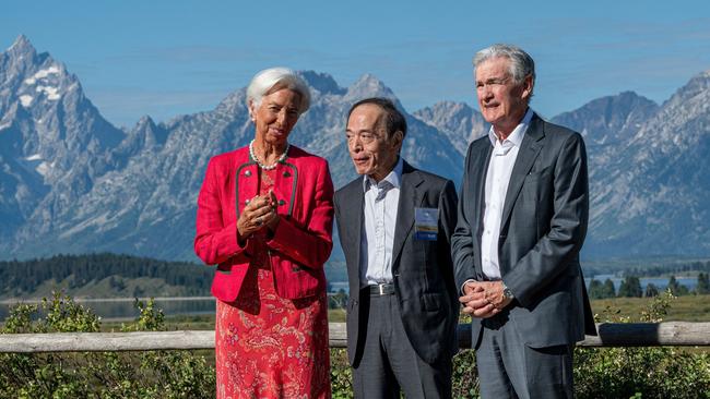 From left: Christine Lagarde, president of the European Central Bank, Kazuo Ueda, governor of the Bank of Japan (BOJ), and Jerome Powell, chairman of the US Federal Reserve, at the Jackson Hole economic symposium in Wyoming. Picture: Bloomberg