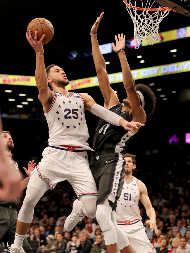 Simmons on the attack against Brooklyn’s Jarrett Allen. Picture: AFP/Getty Images