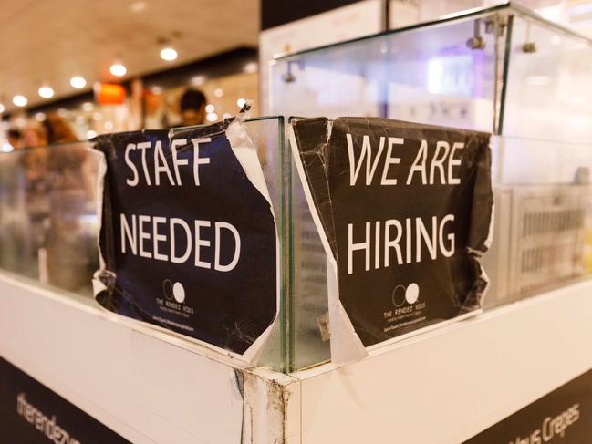 SYDNEY, AUSTRALIA - NewsWire Photos SEPTEMBER 28 2023. GENERIC - signage - employment & jobs, staff wanted, position available, in Sydney CBD. Picture: NCA NewsWire / Max Mason-Hubers