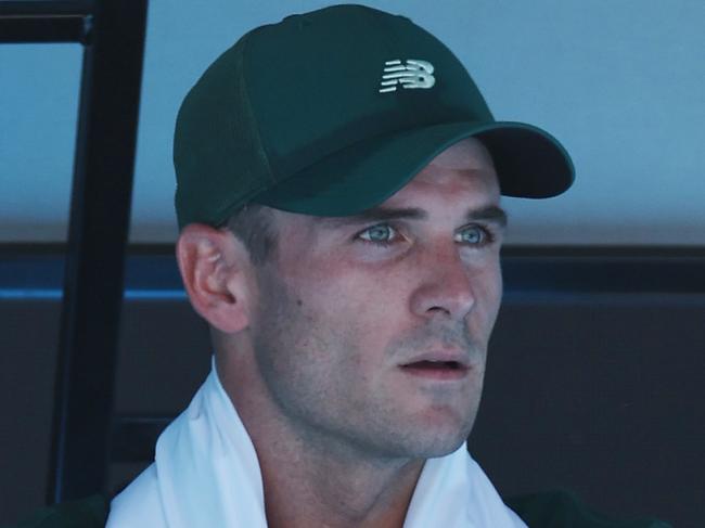 MELBOURNE, AUSTRALIA - JANUARY 21: Tommy Paul of the United States reacts in the Men's Singles Quarterfinal  against Alexander Zverev of Germany during day 10 of the 2025 Australian Open at Melbourne Park on January 21, 2025 in Melbourne, Australia. (Photo by Cameron Spencer/Getty Images)