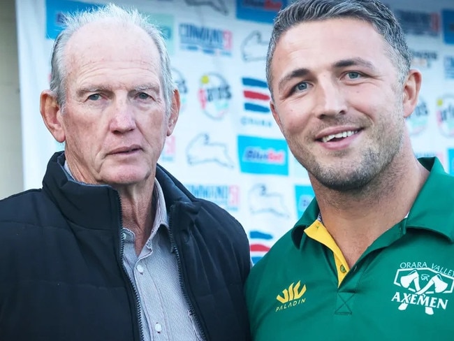 Wayne Bennett and Sam Burgess pose for a photo at the Round 6 fixture against Macksville.