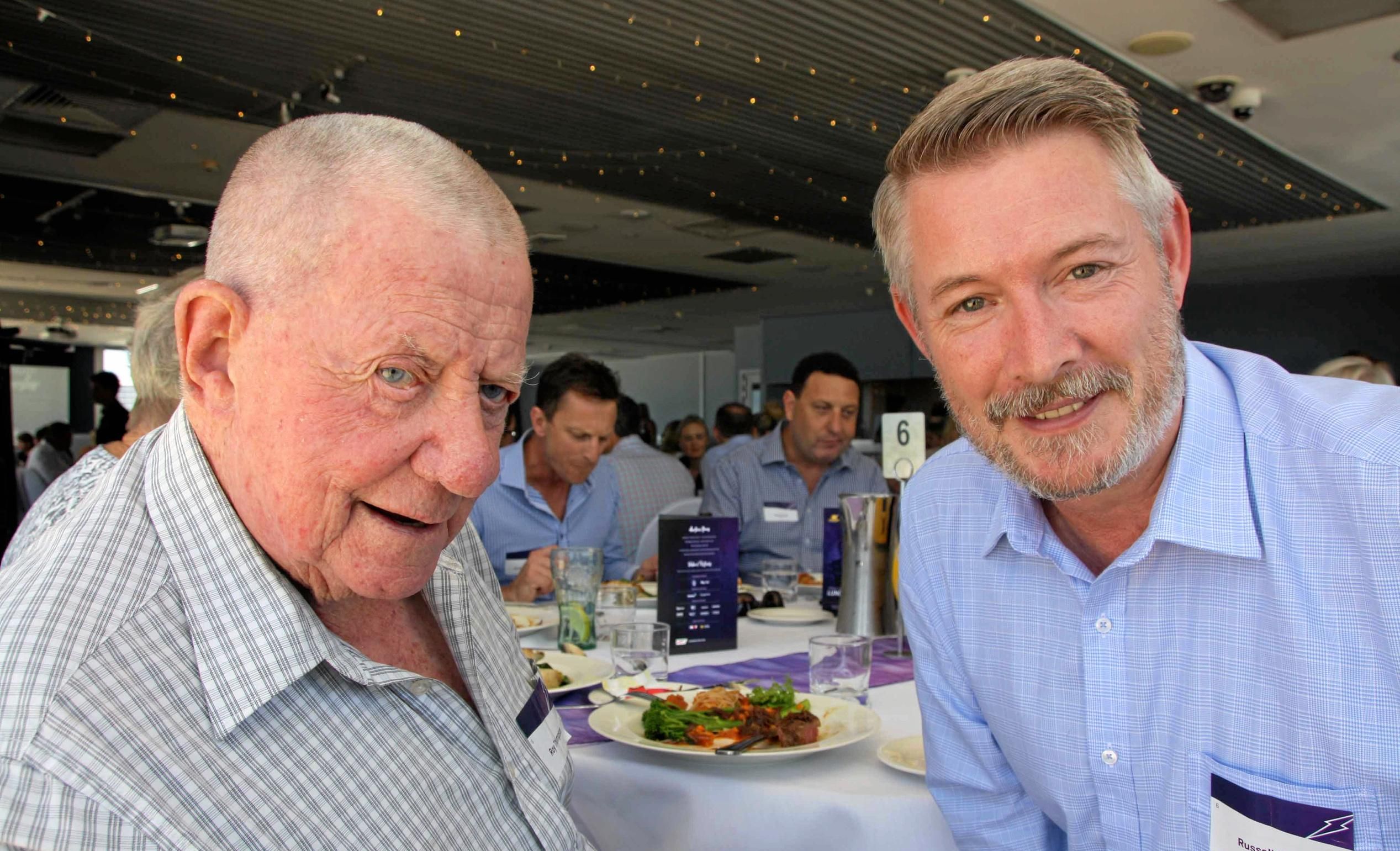 Roy Thompson with University of the Sunshine Coast's Russell Ousley at the Sunshine Coast Lightning lunch at Maroochy Surf Club hosted by Maroochydore Chamber of Commerce. Picture: Erle Levey