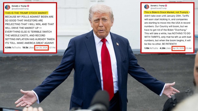 Donald Trump has been exposed by a post taking credit for the stock market last year. Picture: AFP