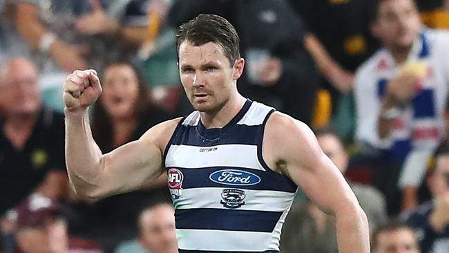 Patrick Dangerfield of the Cats celebrates a goal during the 2020 AFL Grand Final match between the Richmond Tigers and the Geelong Cats at The Gabba on October 24, 2020 in Brisbane, Australia. (Photo by Chris Hyde/AFL Photos/via Getty Images)