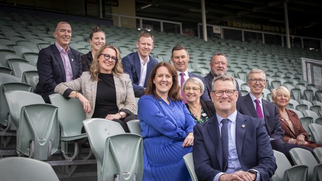 TFC AFL Club Inaugural Board of Directors, Chair Grant O'Brien with (Club Ambassador) Julie Kay, James Henderson, Kathy Schaefer, Alastair Lynch, Kath McCann, Alicia Leis, Roger Curtis, (Club Ambassador) Jack Riewoldt, Graeme Gardner and Laura McBain at UTAS Stadium. Picture: Chris Kidd