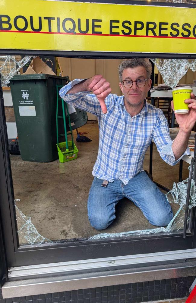 Boutique Espresso owner Anthony Cousins after the Hobart cafe was broken into early Monday morning. Picture: Supplied