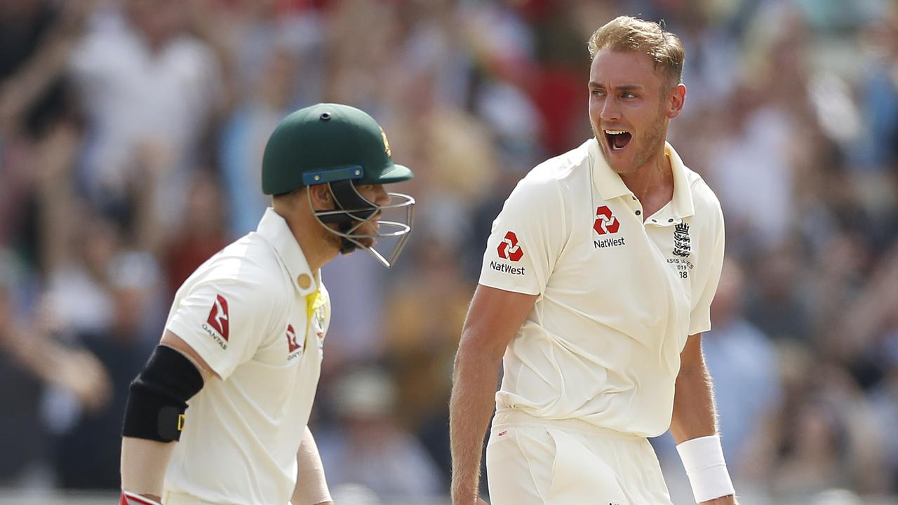 BIRMINGHAM, ENGLAND - AUGUST 01: Stuart Broad of England celebrates after taking the wicket of David Warner of Australia during Day One of the 1st Specsavers Ashes Test between England and Australia at Edgbaston on August 01, 2019 in Birmingham, England. (Photo by Ryan Pierse/Getty Images)
