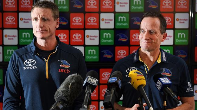 Adelaide Crows football manager Brett Burton and coach Don Pyke speak to the media.