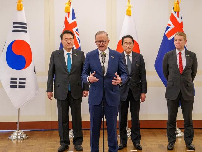 Mr Albanese with world leaders from other NATO partner nations Yoon Suk Yeol President of South Korea, Fumio Kishida Prime Minister of Japan and Chris Hipkins Prime Minister of New Zealand at NATO 2023. Picture: Instagram