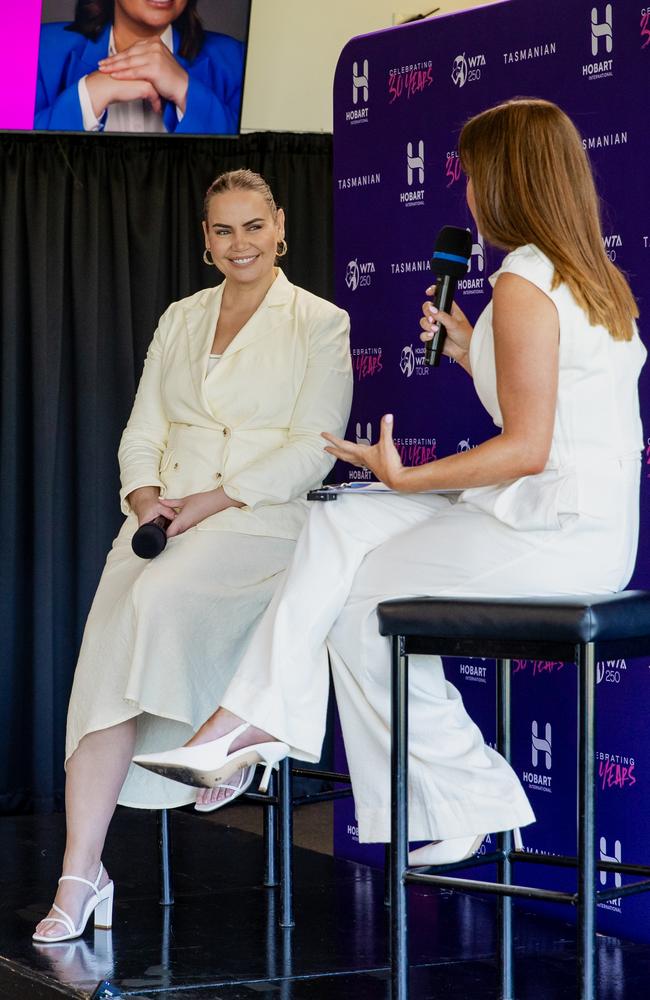 Jelena Dokic being interviewed by Sarah Burt at Women Leaders in Tennis Networking Event celebrating Hobart International's 30th anniversary. Picture: supplied/Hobart International