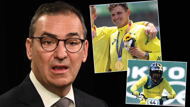 SA Premier Steven Marshall, left, rowing gold medallist Alexander Hill, top right and Olympic BMX rider Anthony Dean, who hasn’t seen his fiancee since June. Pictures: News Corp/Getty Images/News Corp