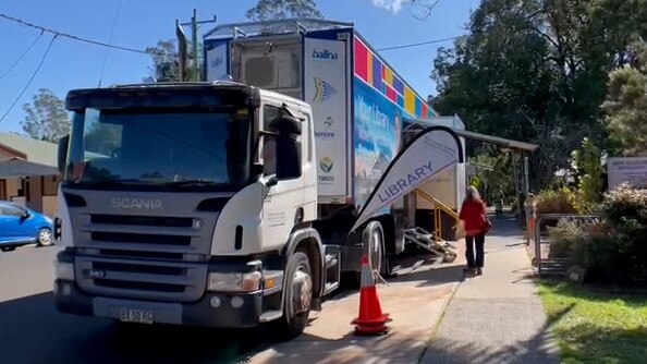 The Richmond-Tweed Mobile Library setting up in Nimbin after floodsdestroyed libraries across the Northern Rivers in February.