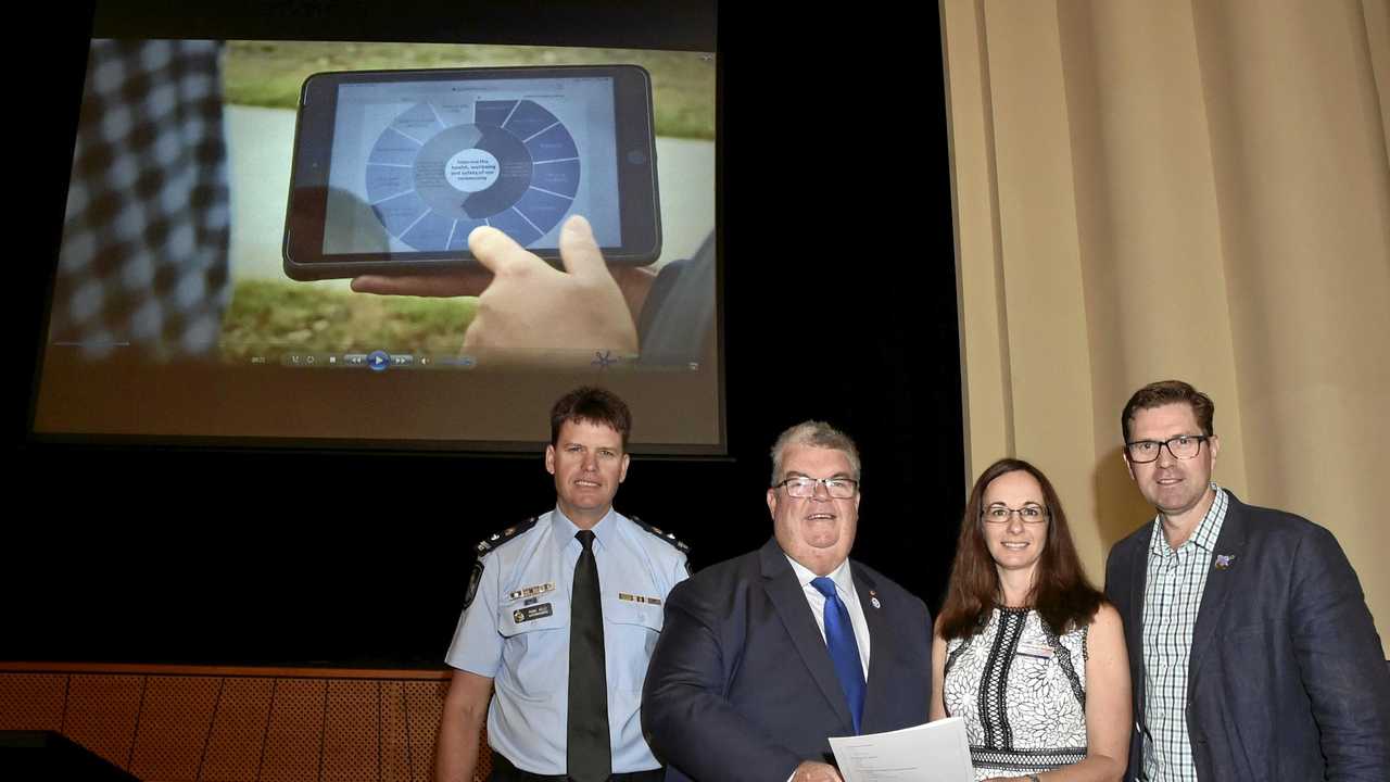 Launch of survey for Safer Community released. From left; Queensland Police Service Superintendent Mark Kelly (Deputy Chair STRP),  Chief Executive of Lifeline Darling Downs and South West Derek Tuffield OAM, Executive Director of Toowoomba Hospital Shirley-Anne-Gardiner, Toowoomba Regional Councillor Geoff McDonald (Chair STRP).  March 2019. Picture: Bev Lacey