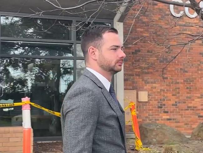 Moonee Valley councillor Jacob Bettio (dressed in a suit) leaves Broadmeadows Magistrates’ Court after pleading not guilty to drug related charges. He was supported in court by family and friends.. Picture: Himangi Singh