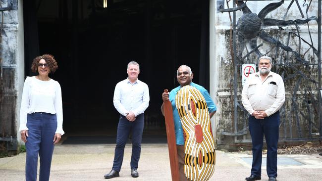 Cairns Indigenous Art Fair artistic director Janina Harding, Cairns MP Michael Healy, artist Paul Bong and CIAF general manager Darrell Harris at the fair's launch on Friday. Picture: PETER CARRUTHERS