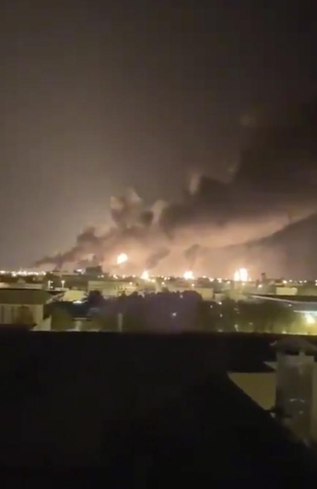 Smoke fills the sky at the Abqaiq oil processing facility in Saudi Arabia after it was fired on.