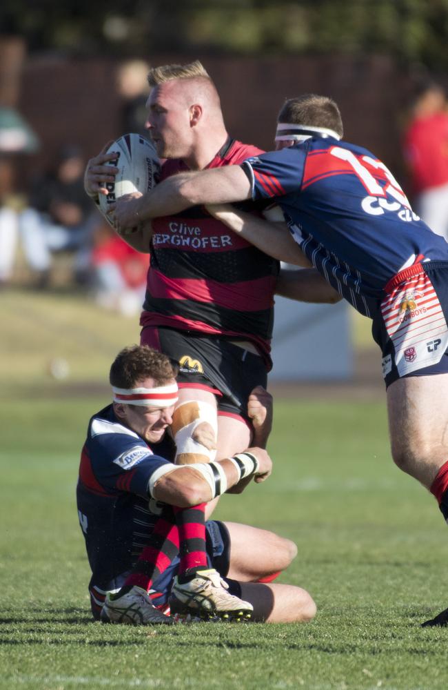 Valleys Mitch Sargent wrapped up by Warwick players. TRL grand final, Valleys vs Warwick Cowboys. Sunday, 8th Sep, 2019.