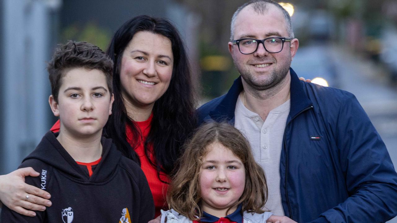 Yuliya and Volodymyr Klymenko, with their children Luka and Tereza are refugees from Ukraine now living in Mile End. Picture: Kelly Barnes