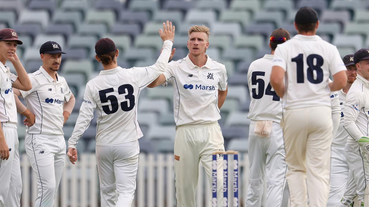 Will Sutherland celebrates one of his five wickets for Victoria (Photo by Paul Kane/Getty Images)
