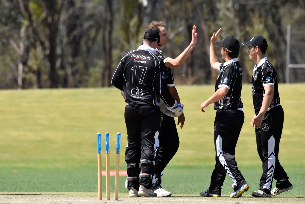 George Banks Umbrellas celebrate the dismissal of Liebke Lions batsman Nathan Carroll in Darling Downs Bush Bash League (DDBBL) round five T20 cricket at Highfields Sport Park, Sunday, October 20, 2019. Picture: Kevin Farmer