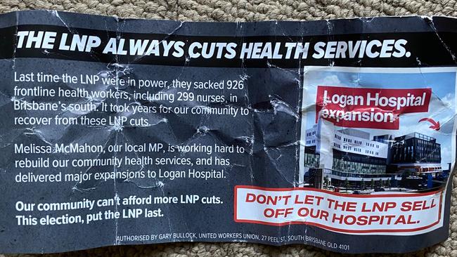 The flyer, purporting to be authorised by UWU heavyweight Gary Bullock, which turned up in a Logan letterbox. Picture: Supplied