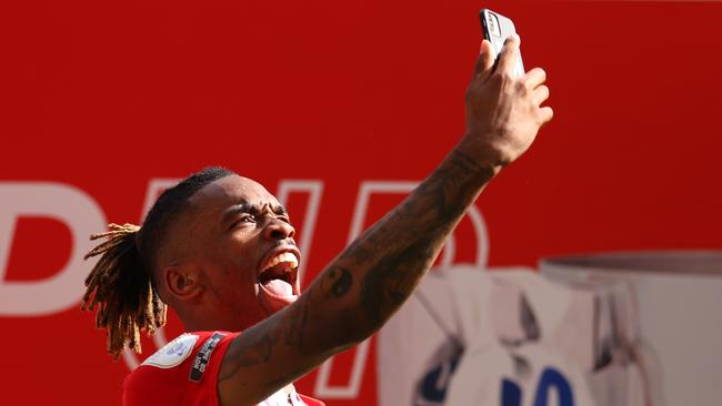 Brentford star Ivan Toney celebrates his team’s promotion to the Premier League. Picture: Getty Images