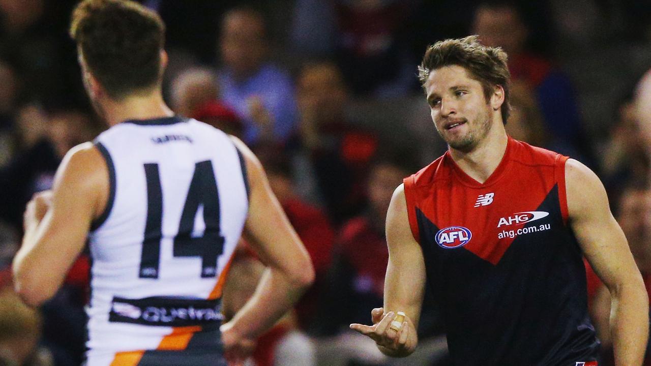 MELBOURNE, AUSTRALIA - SEPTEMBER 06: Jesse Hogan of the Demons celebrates a goal during the round 23 AFL match between the Melbourne Demons and the Greater Western Sydney Giants at Etihad Stadium on September 6, 2015 in Melbourne, Australia. (Photo by Michael Dodge/Getty Images)