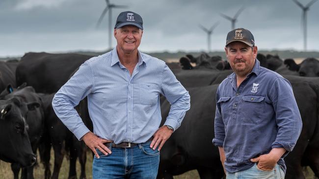 Tim Roberts-Thomson (TRT Pastoral) talks with operations manager Cody Whiteman at Woolnorth. Picture: Phillip Biggs