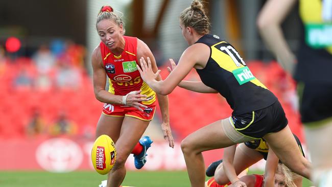 Leah Kaslar of the Suns runs for the ball during the round 2 AFLW match between the Gold Coast Suns and the Richmond Tigers at Metricon Stadium on February 15, 2020 in Gold Coast, Australia. (Photo by Chris Hyde/AFL Photos/Getty Images)