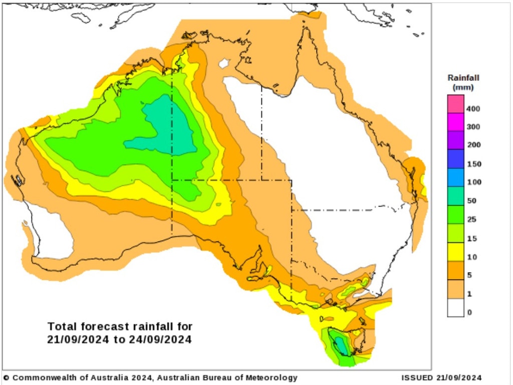 Total forecast rainfall for the country from Saturday to Tuesday. Picture: Bureau of Meteorology