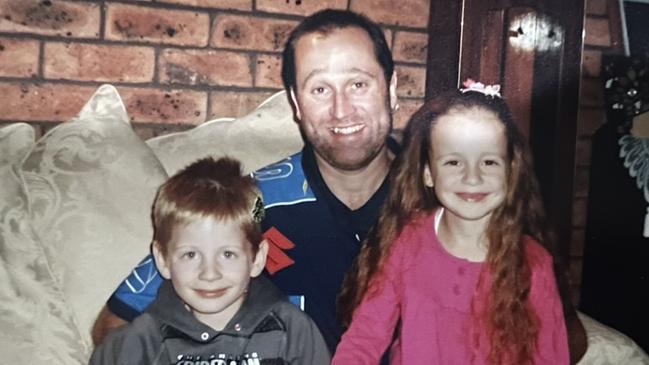 Lachie and Sian as kids with their dad Justin. Picture: Supplied