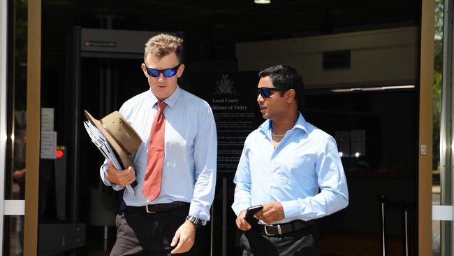 Keerthi Eswaran (right) is seen leaving Darwin Local Court with lawyer Peter Maley. Picture: KERI MEGELUS