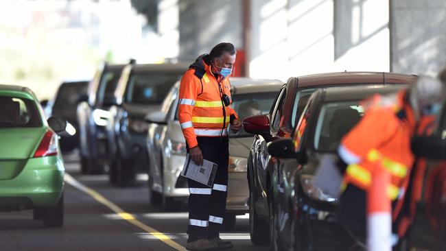 People queuing in their cars waiting be tested for Covid near Chadstone on Sunday. Picture: Josie Hayden