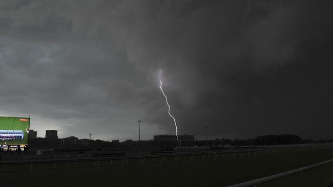 Lightning also struck at Royal Randwick Racecourse, Sydney, during the City Tattersalls Club Cup Day on Saturday. Picture: AAP