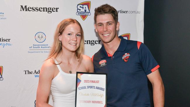 Charlotte McAuliffe was a finalist at the School Sports Awards in 2023. Her award as presented by Henry Hunt from the Redbacks/Strikers. Picture: Brenton Edwards