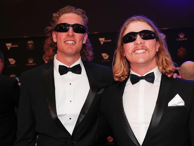 MELBOURNE, AUSTRALIA - SEPTEMBER 18: Aaron Naughton of the Bulldogs and housemate Ethan McAleese pose during the 2022 Brownlow Medal at Crown Palladium on September 18, 2022 in Melbourne, Australia. (Photo by Michael Willson/AFL Photos via Getty Images)