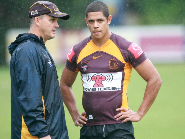 BCM 4.3.2011 Brisbane Broncos training at Red Hill. Coach Anthony Griffin talks with Dane Gagai. Pic Jono Searle