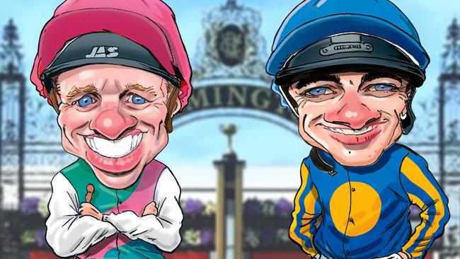 Finche (Kerrin McEvoy) and Il Paradiso (Wayne Lordan) are the top picks in the Mlebourne Cup for Ray Thomas and Ron Dufficy. Digital artwork: Boo Bailey