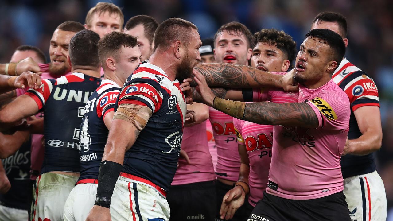 Leniu and Jared Waerea-Hargreaves will be teammates next year after their scuffle earlier this season. Picture: Jason McCawley/Getty Images