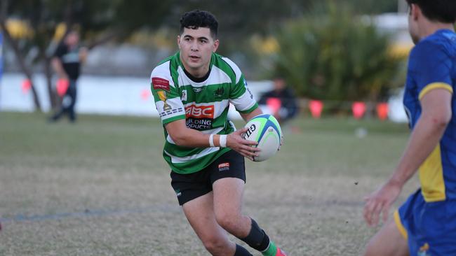 Gold Coast District Rugby Union (GCDRU) First Grade clash between Gold Coast Eagles (Blue/Gold) and Palm Beach Currumbin Alleygators (Green) at James Overell Park, Southport. Ethan Lolesio. Pic Mike Batterham