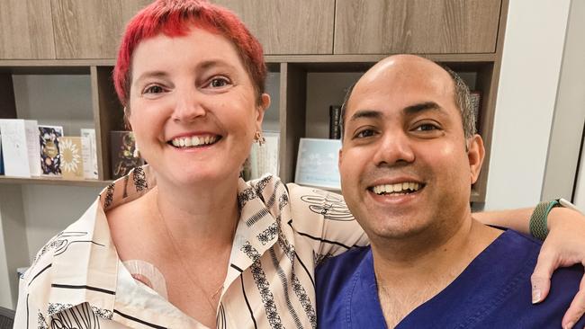 Kaz Kelly – diagnosed at 36 with stage 4 bowel cancer in November 2024 – with her surgeon, Dr Joy Chakraborty. Picture: Supplied