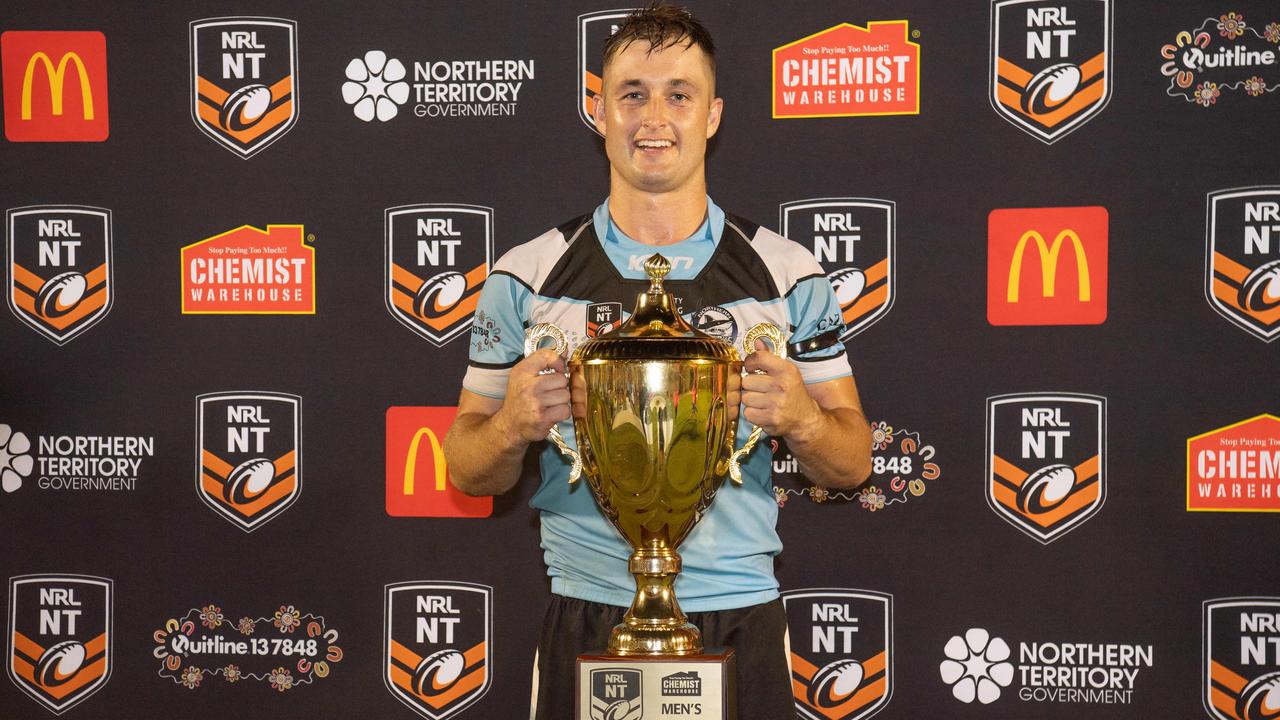 Mitch Burke as Northern Sharks celebrate winning the 2023 NRL NT grand final. Picture: Pema Tamang Pakhrin