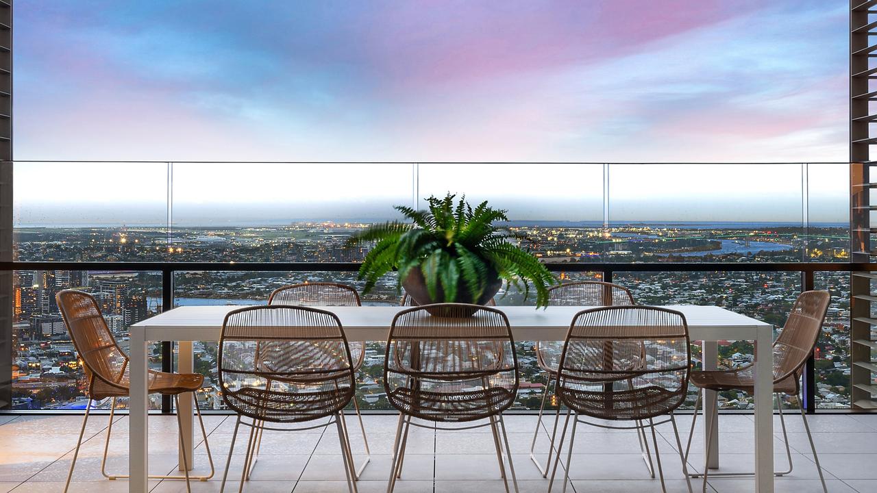 The penthouse towers above Brisbane, with views all the way to Moreton Bay and the Glasshouse Mountains. Image supplied.