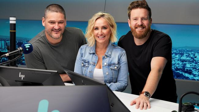 The FOX FM breakfast team of Brendan Fevola, Fifi Box and Nick Cody is closing the gap on Christian O’Connell. Picture: Supplied