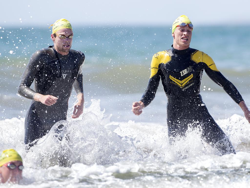 Finish of the Swim leg during the Men's Elite &amp; U23 Devonport Triathlon. PICTURE CHRIS KIDD