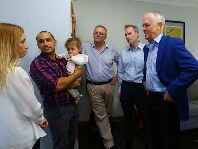 Prime Minister Malcolm Turnbull, Treasurer Scott Morrison and local member for Banks David Coleman meet with Julian and Kim Mignacca and daughter Addison, 1, in Penshurst / Picture: Britta Campion