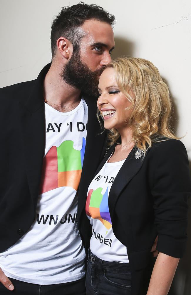 Kylie Minogue and fiance Joshua Sasse backstage at the ARIAs. Picture: Dylan Robinson